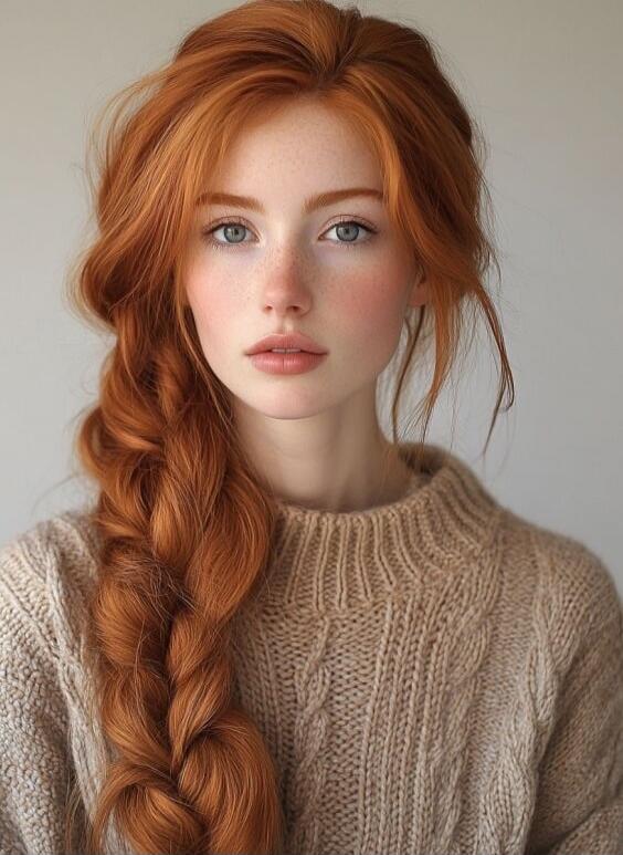 A beautiful young woman with long, braided red hair and freckles on her face, wearing a beige knitted sweater.