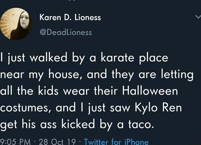 Karen D Lioness DeadLlioness just walked by a karate place near my house and they are letting all the kids wear their Halloween costumes and just saw Kylo Ren get his ass kicked by a taco 905 PM 28 Oct 19 Twitter for iPhone