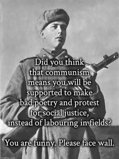 Did you think that communism means you will be supported to make bad poetry and protest for social justice, instead of labouring in fields? You are funny. Please face wall.