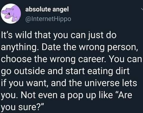 ELEL MR InternetHippo LEA e R s YT UNeETo B VE e o anything Date the wrong person choose the wrong career You can go outside and start eating dirt if you want and the universe lets VoLV o t o I WoTol oMU o M 1 RN Y you sure