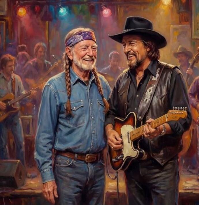 Two country music legends, Willie Nelson and Waylon Jennings, are depicted in a painting. They are both smiling and appear to be enjoying themselves on stage with a band in the background. Willie Nelson is wearing his signature bandana and denim shirt, while Waylon Jennings is in a black shirt, vest, and cowboy hat, holding a guitar.