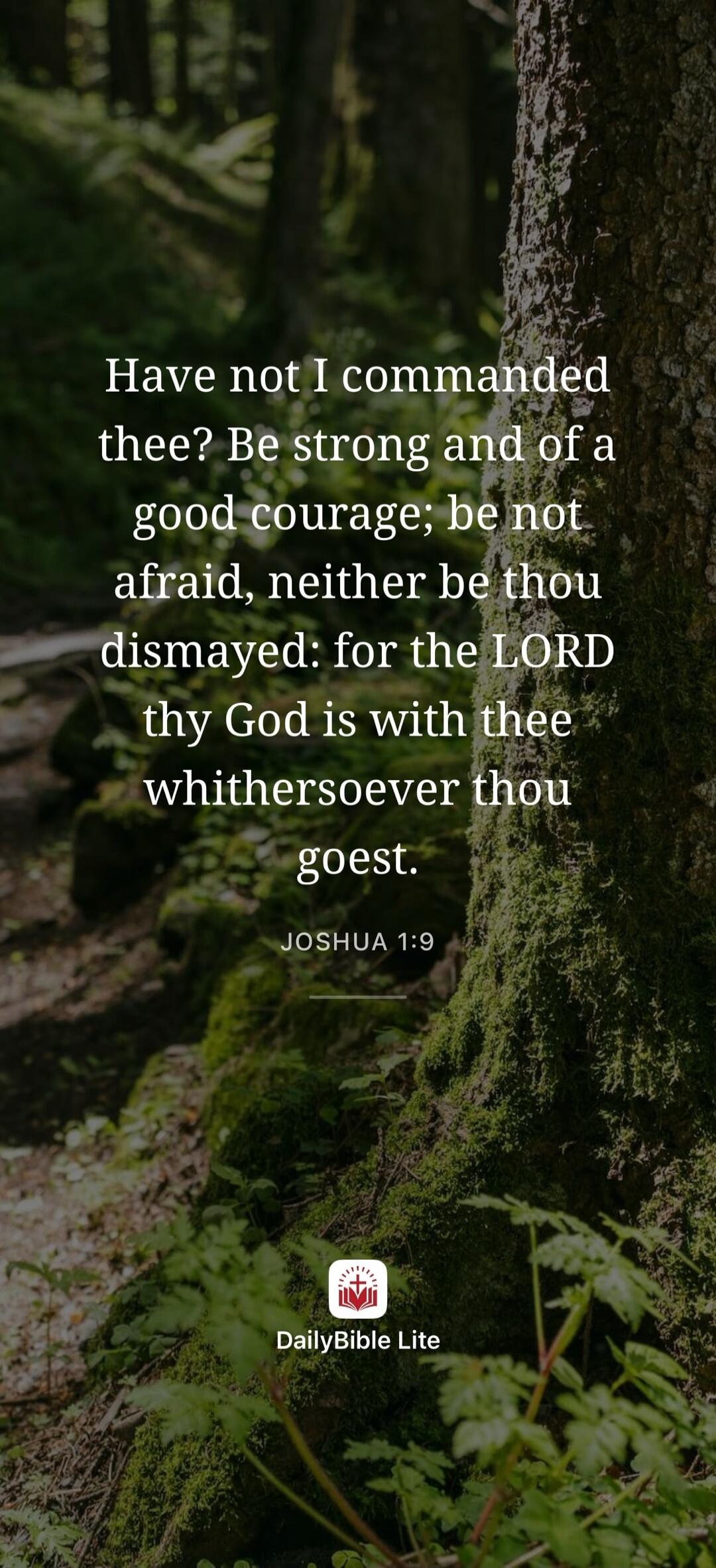 Have not I commanded thee? Be strong and of a good courage; be not afraid, neither be thou dismayed: for the LORD thy God is with thee whithersoever thou goest. JOSHUA 1:9 DailyBible Lite