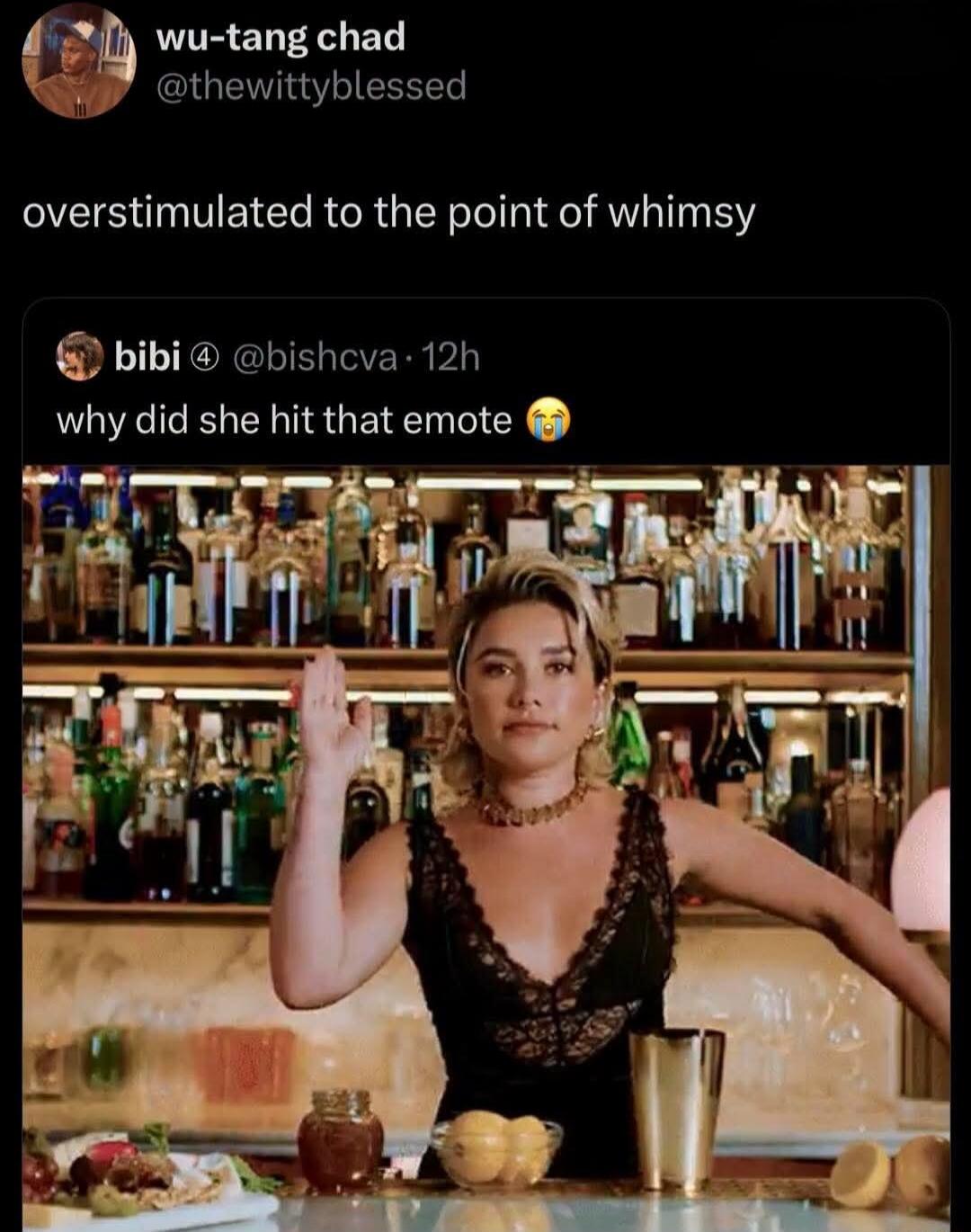 wu-tang chad @thewittyblessed overstimulated to the point of whimsy bibi @bishcva · 12h why did she hit that emote 😭