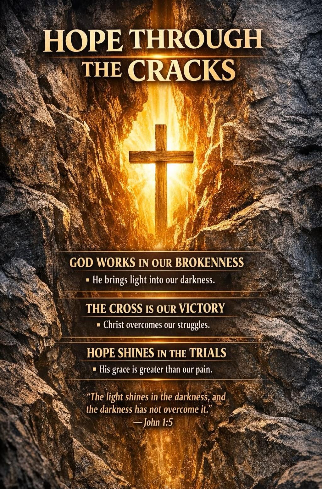 HOPE THROUGH THE CRACKS GOD WORKS IN OUR BROKENNESS He brings light into our darkness. THE CROSS IS OUR VICTORY Christ overcomes our struggles. HOPE SHINES IN THE TRIALS His grace is greater than our pain. “The light shines in the darkness, and the darkness has not overcome it.” — John 1:5