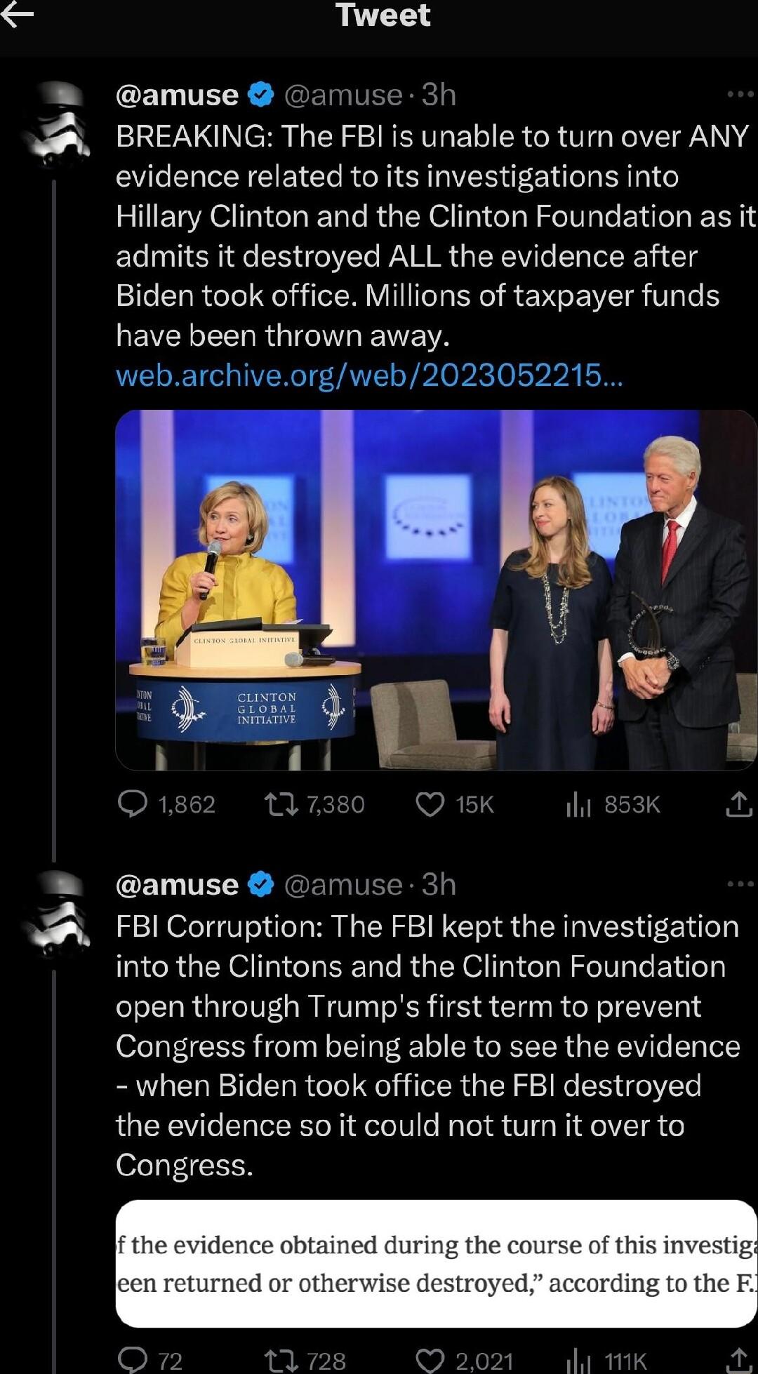 3 s Tweet CELTELE 3h BREAKING The FBI is unable to turn over ANY evidence related to its investigations into UERASICHERRGEYOICTE R CENI R admits it destroyed ALL the evidence after Biden took office Millions of taxpayer funds QEVERLEERRGIC N EIVEVA webarchiveorgweb2023052215 amuse amuse 3h FBI Corruption The FBI kept the investigation R GEYSHICHEERRGEY O CORRITENI open through Trumps first term to