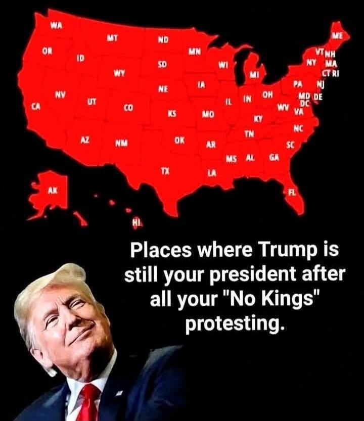 WA OR ID MT ND MN SD WI MI NY VT NH MA CT RI PA NJ MD DE DC VA WV KY TN NC SC GA FL AK HI CA NV UT CO KS MO OK AR MS AL TX LA IL IN OH. Places where Trump is still your president after all your 