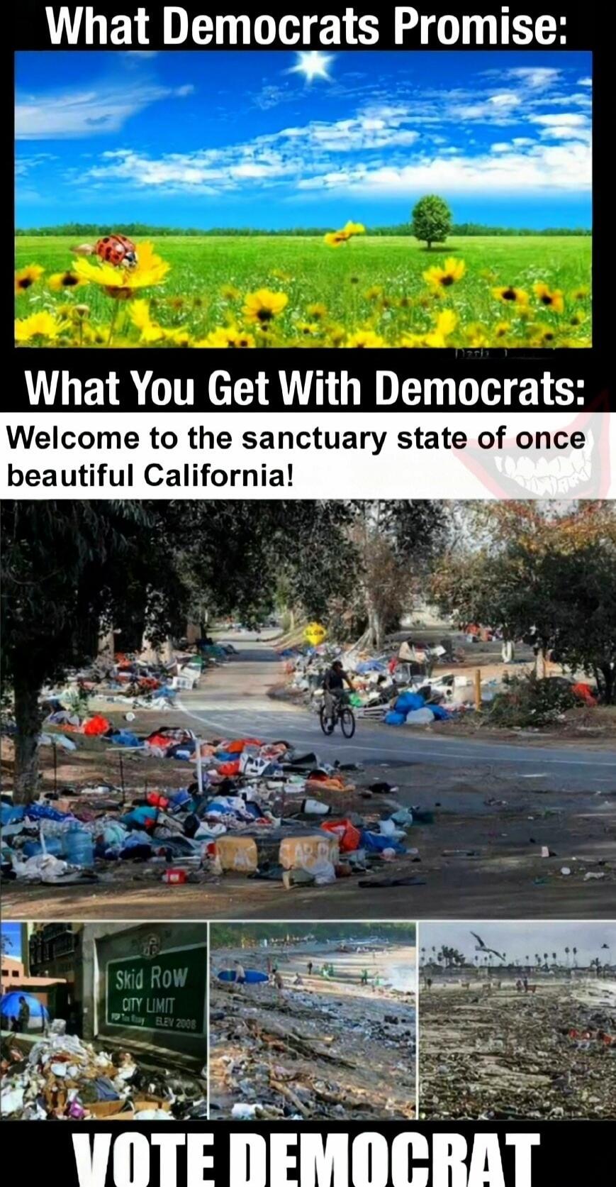What Democrats Promise: What You Get With Democrats: Welcome to the sanctuary state of once beautiful California! Skid Row City Limit ELEV 2008 VOTE DEMOCRAT