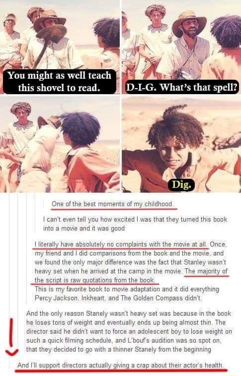 You might as well teach this shovel to read One of the best moments of my childhood 1 cant even tell you how excitad was that they tumed this baok into movia and it was gaod lterally have absolutely no complaints with the mevie at all Once my friend and 413 companisons from the book and the mavie and we found the anly major difisrence was the fact that Stanley wasnit heay set when he arived at the