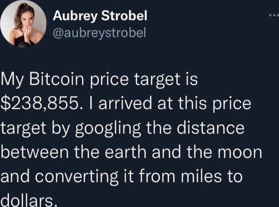 Q Aubrey Strobel aubreystrobel My Bitcoin price target is 238855 arrived at this price target by googling the distance between the earth and the moon and converting it from miles to dollars