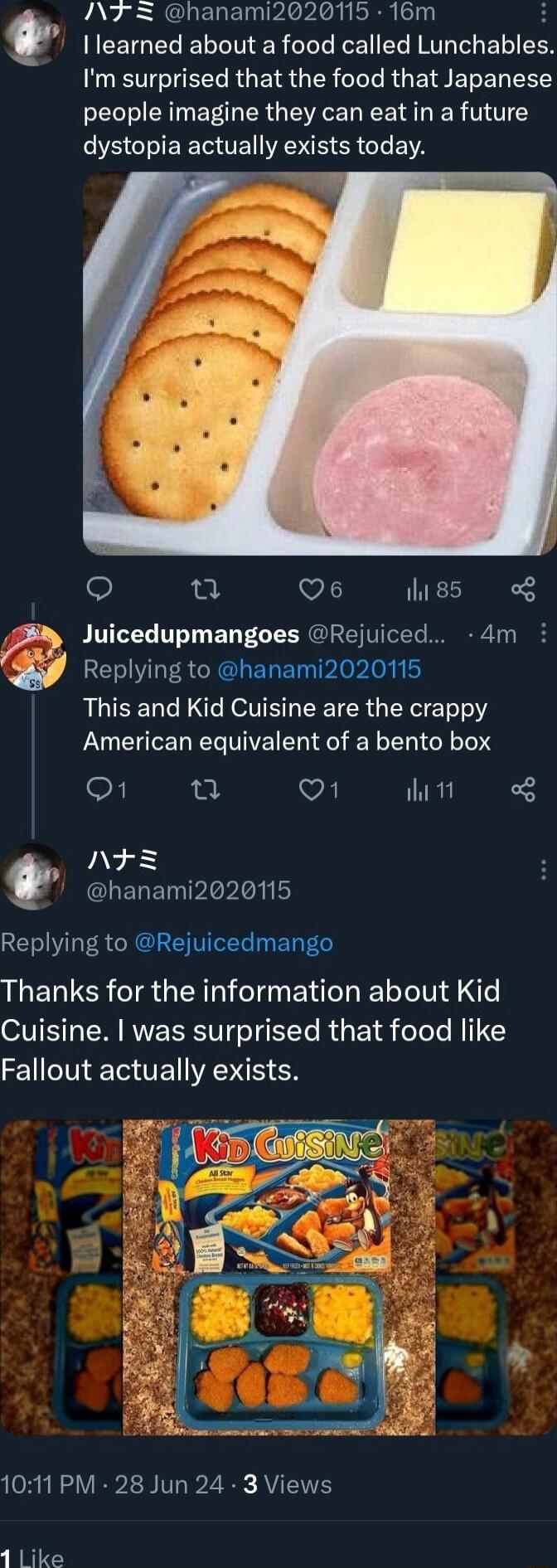 Ilearned about a food called Lunchables Im surprised that the food that Japanese people imagine they can eat in a future dystopia actually exists today t N7 I hanami2020115 16m o u V1 igs o8 Juicedupmangoes Rejuiced 4m Replying to hanami2020115 This and Kid Cuisine are the crappy American equivalent of a bento box 1 V it g NES t EREIIPIPIoN IS Replying to Rejuicedmango Thanks for the information a