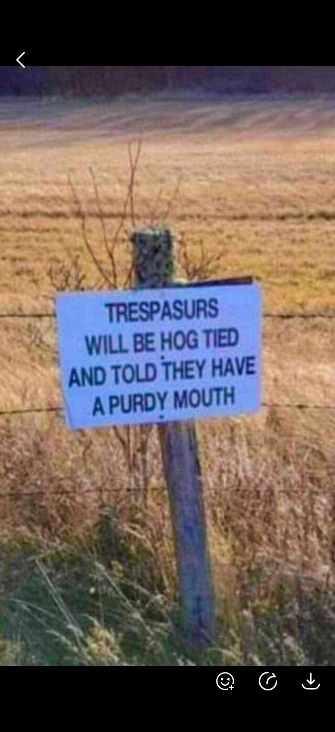 TRESPASURS WILL BE HOG TIED AND TOLD THEY HAVE A PURDY MOUTH