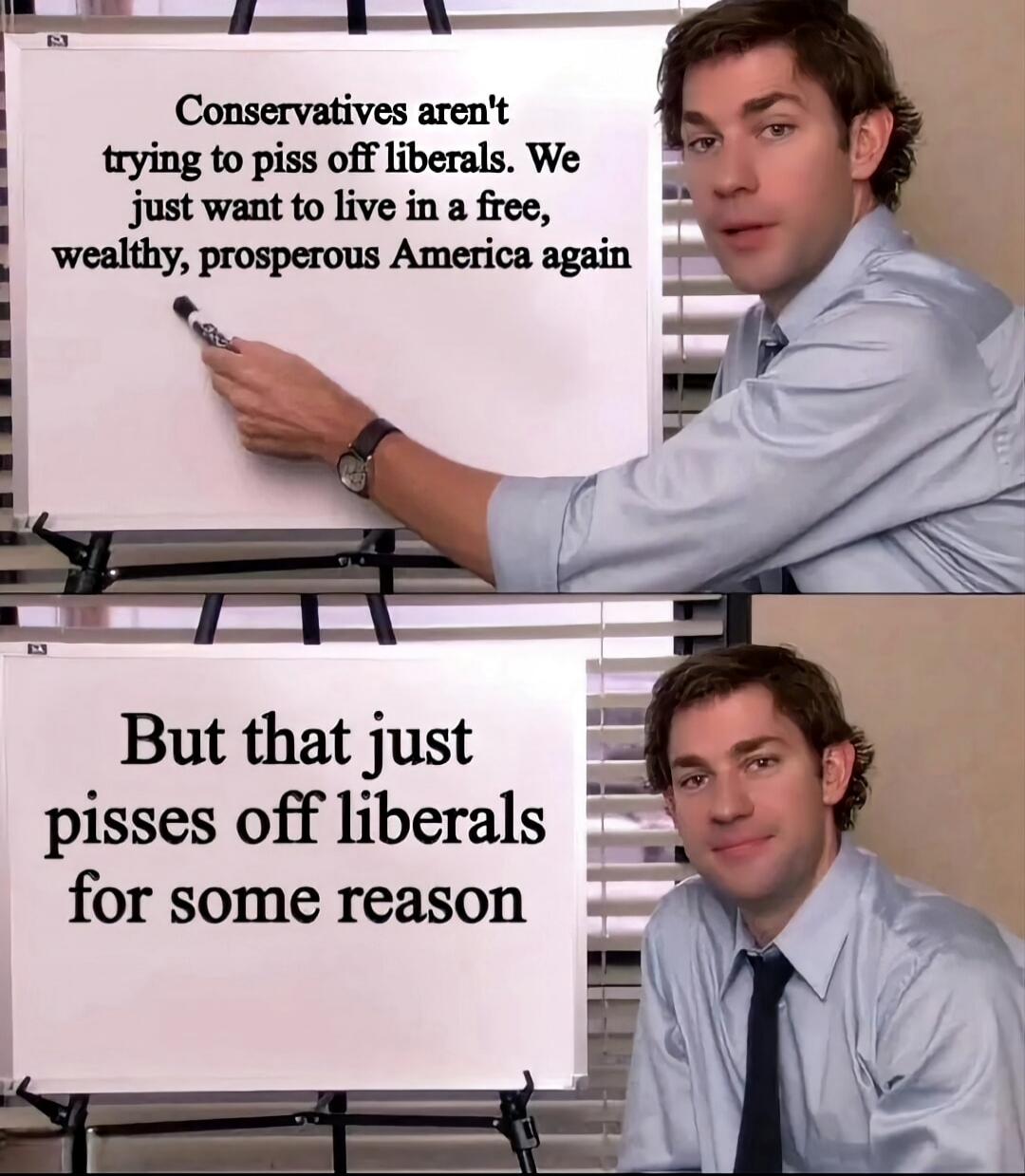 Conservatives aren't trying to piss off liberals. We just want to live in a free, wealthy, prosperous America again. But that just pisses off liberals for some reason.