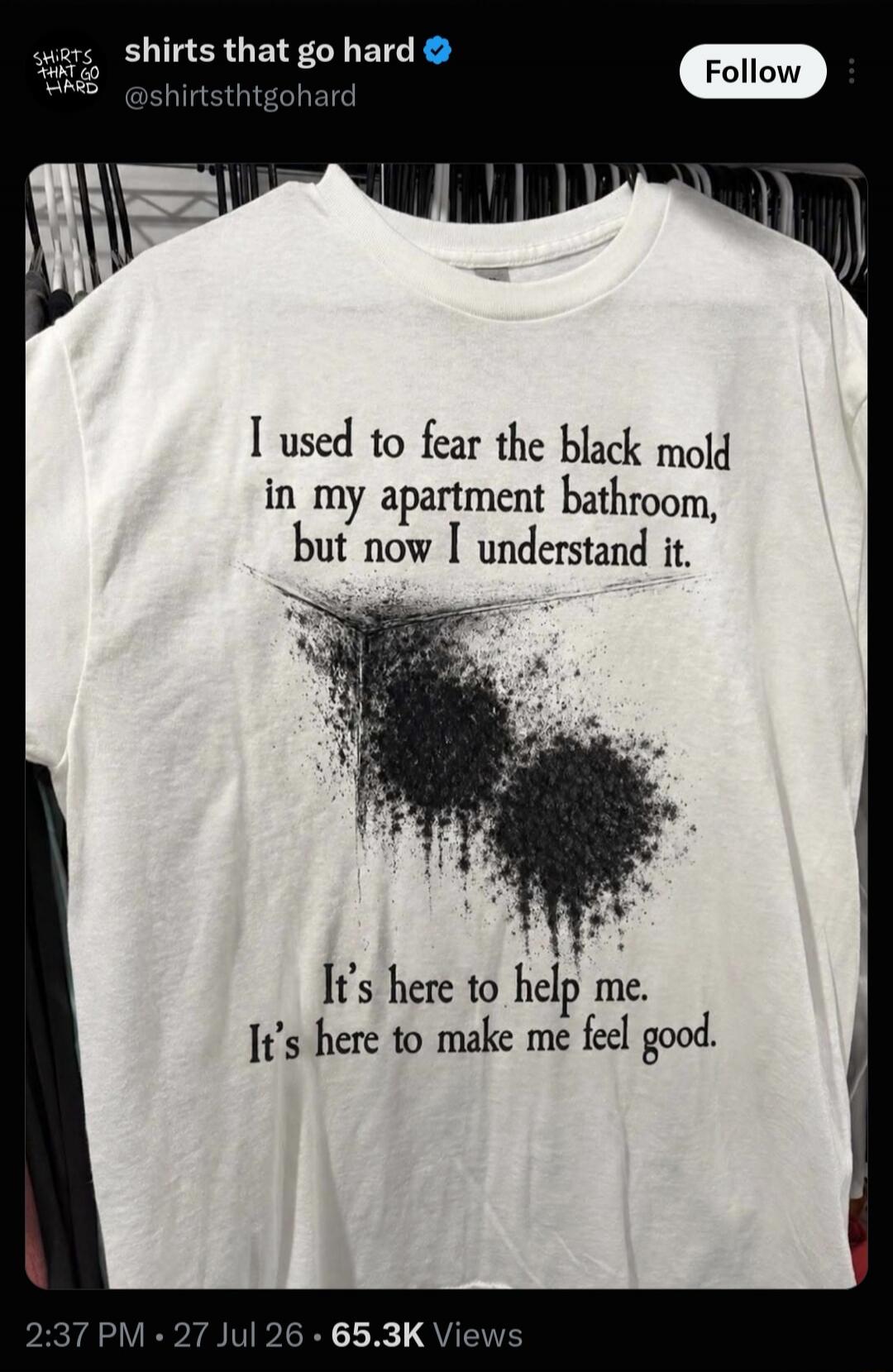 I used to fear the black mold in my apartment bathroom, but now I understand it. It's here to help me. It's here to make me feel good.