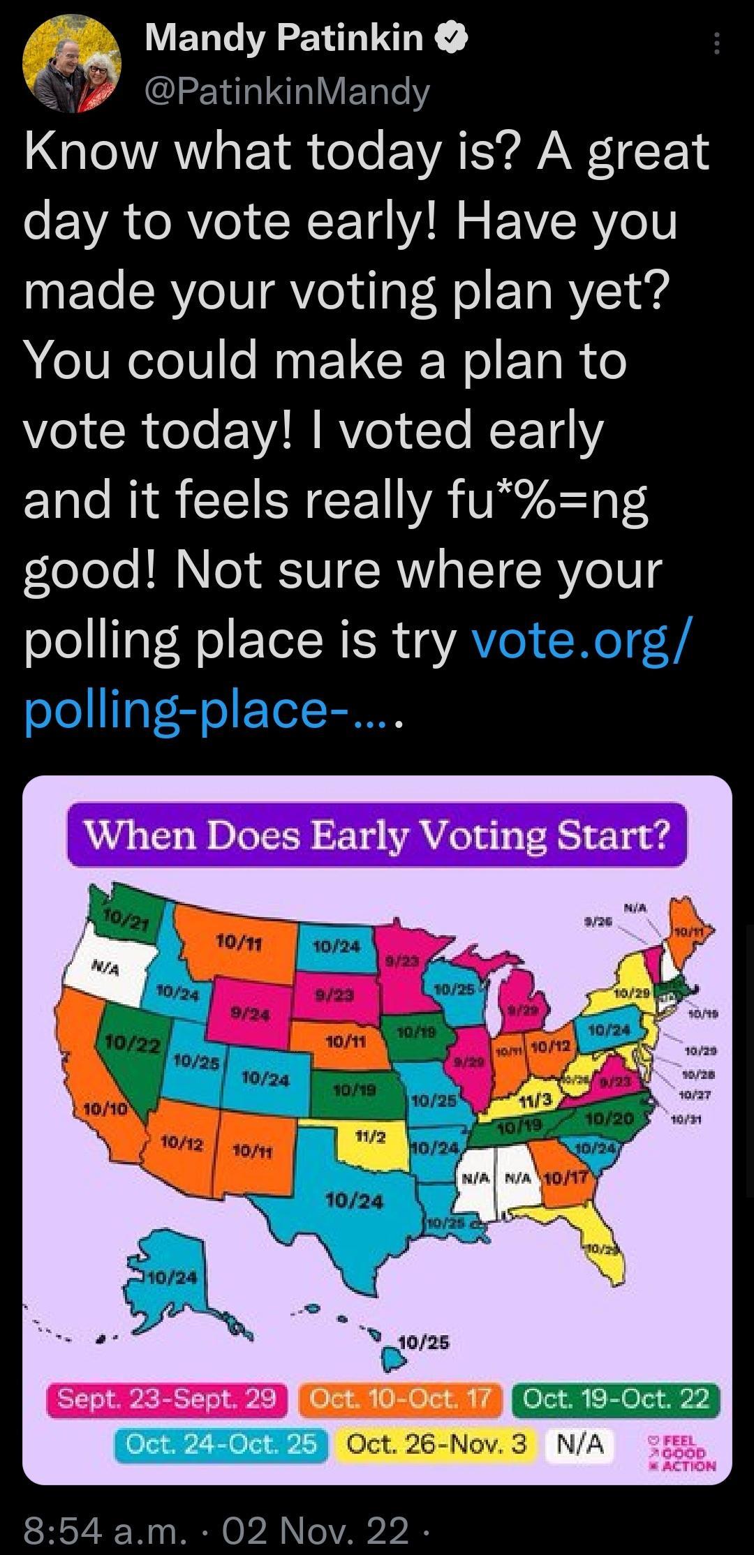Mandy Patinkin X PatinkinMandy NGQIVAW S E 1 oTe EA LY AW 1 F 1s day to vote early Have you made your voting plan yet You could make a plan to o1 CRYele EIN RV eI To R ET41Y and it feels really fung good Not sure where your polling place is try voteorg polling place 854 am 02 Nov 22
