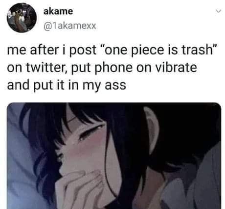 me after i post one piece is trash on twitter put phone on vibrate and put it in my ass