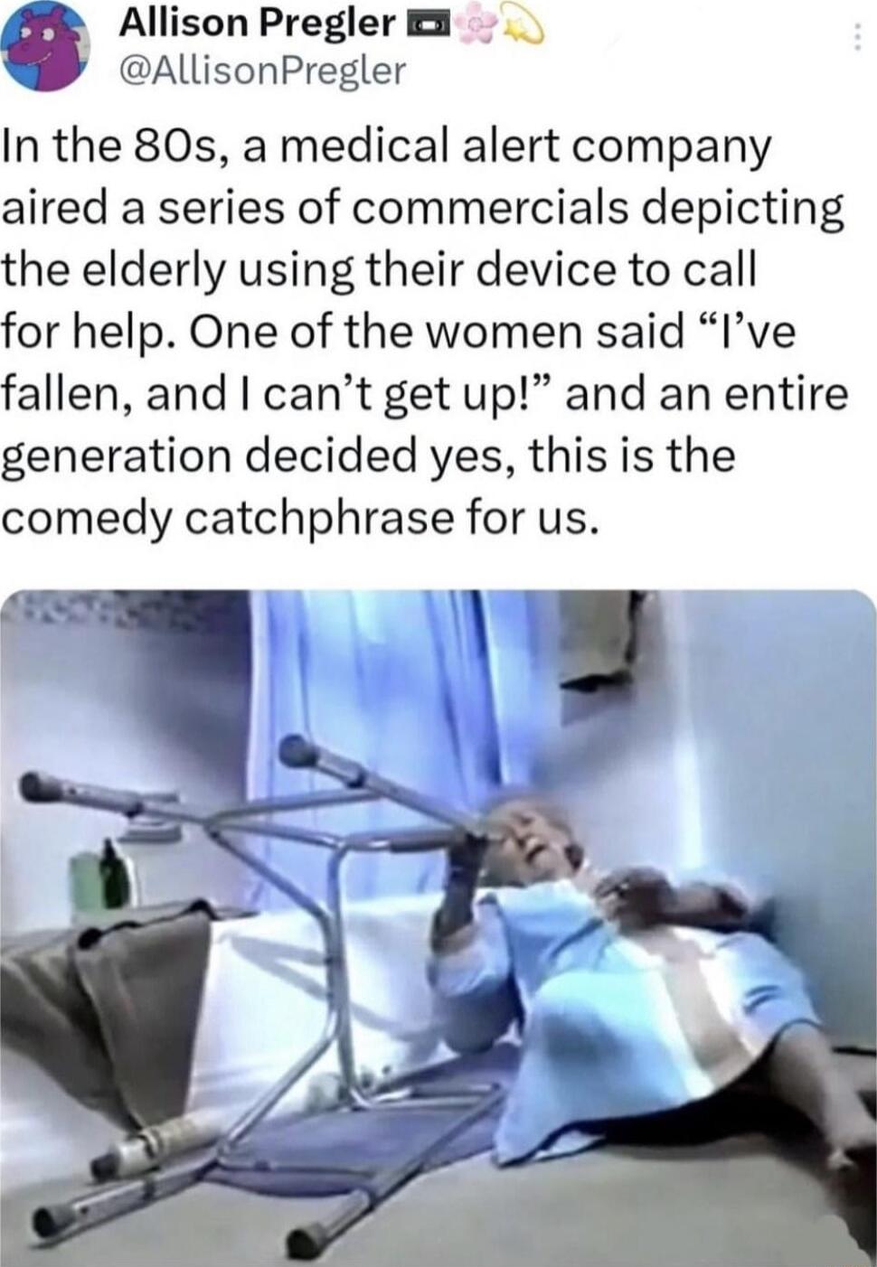 Allison Preglerm AllisonPregler In the 80s a medical alert company aired a series of commercials depicting the elderly using their device to call for help One of the women said Ive fallen and cant get up and an entire generation decided yes this is the comedy catchphrase for us