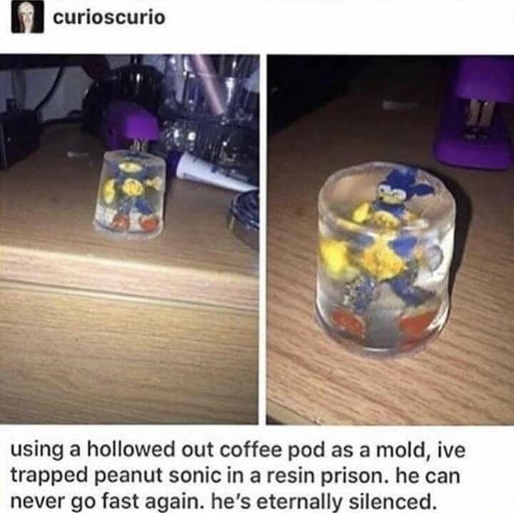 curioscurio using a hollowed out coffee pod as a mold ive trapped peanut sonic in a resin prison he can never go fast again hes eternally silence