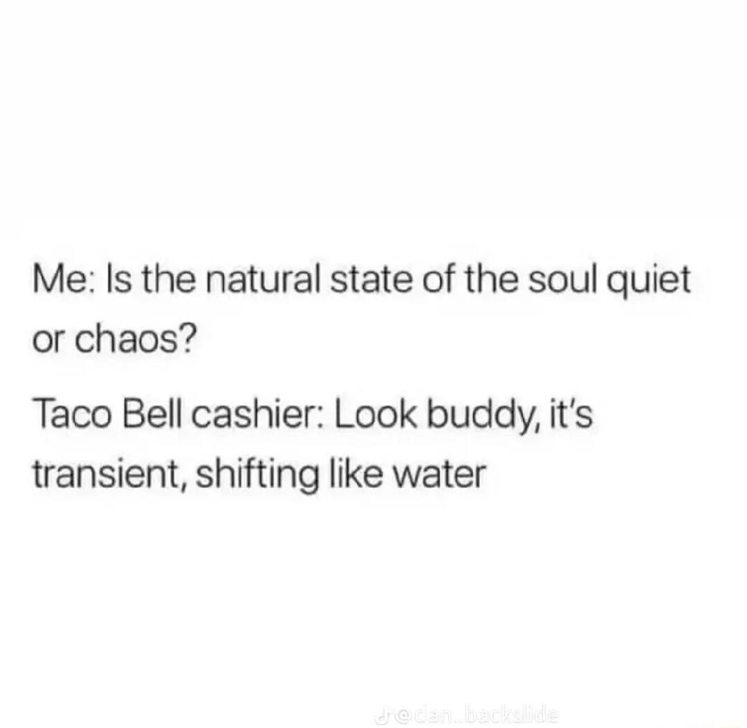 Me Is the natural state of the soul quiet or chaos Taco Bell cashier Look buddly its transient shifting like water