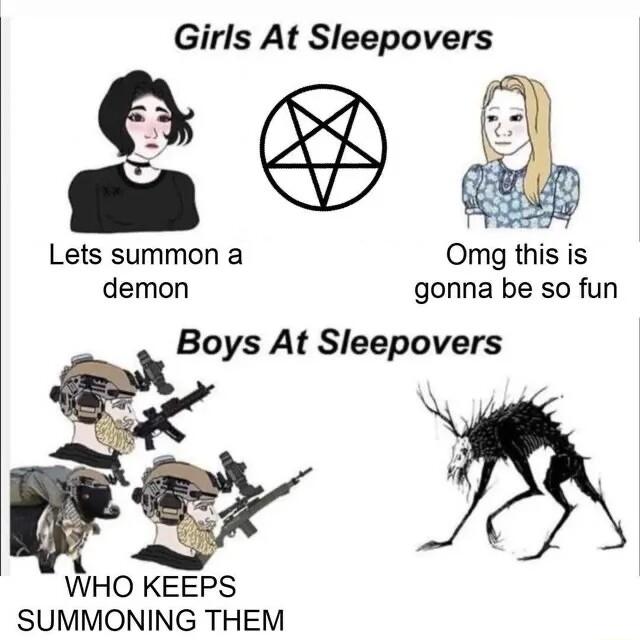 Girls At Sleepovers s Lets summon a Omg this is demon gonna be so fun Boys At Sleepovers WHO KEEPS SUMMONING THEM