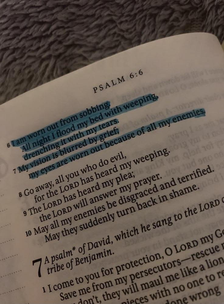 PSALM 6:6
6 I am worn out from sobbing.
All night I flood my bed with weeping,
drenching it with my tears.
7 My vision is blurred by grief;
my eyes are worn out because of all my enemies.
8 Go away, all you who do evil,
for the LORD has heard my weeping.
9 The LORD will hear my plea;
the LORD will answer my prayer.
May all my enemies be disgraced a