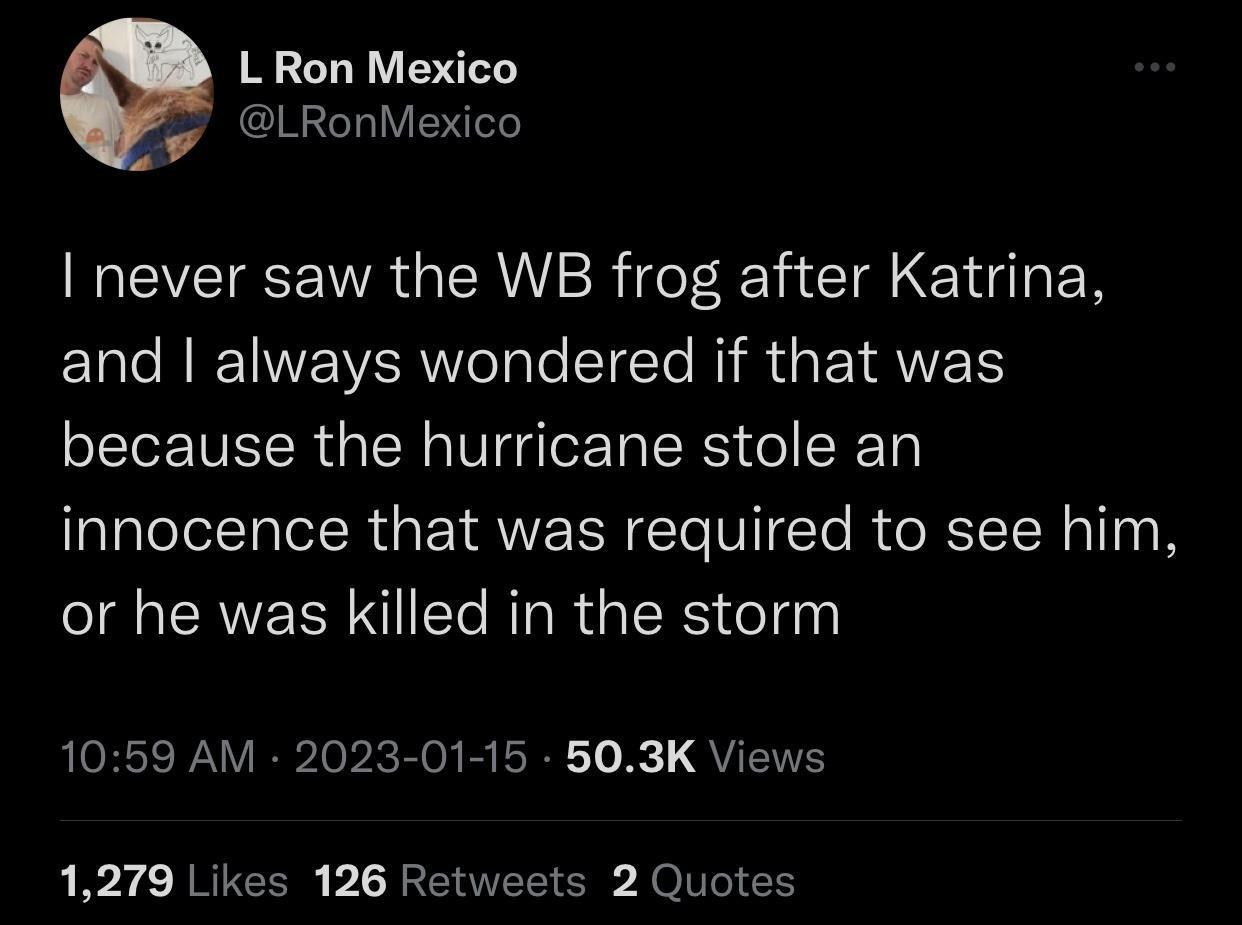 L Ron Mexico LRonMexico never saw the WB frog after Katrina Tl RV ERe T ToTETe R R F AV because the hurricane stole an innocence that was required to see him CRVEER NI AR R G ER Gl 1059 AM 2023 01 15 503K Views 1279 Likes 126 Retweets 2 Quotes