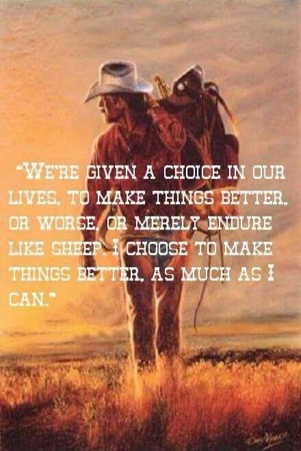 WE'RE GIVEN A CHOICE IN OUR LIVES. TO MAKE THINGS BETTER, OR WORSE, OR MERELY ENDURE LIKE SHEEP. I CHOOSE TO MAKE THINGS BETTER, AS MUCH AS I CAN.