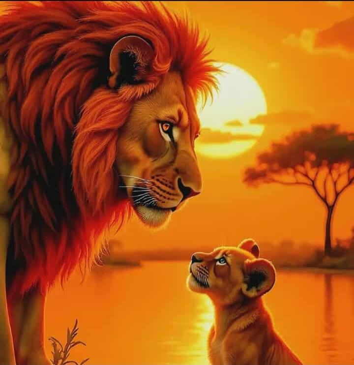 A lion and its cub gazing at each other during sunset.