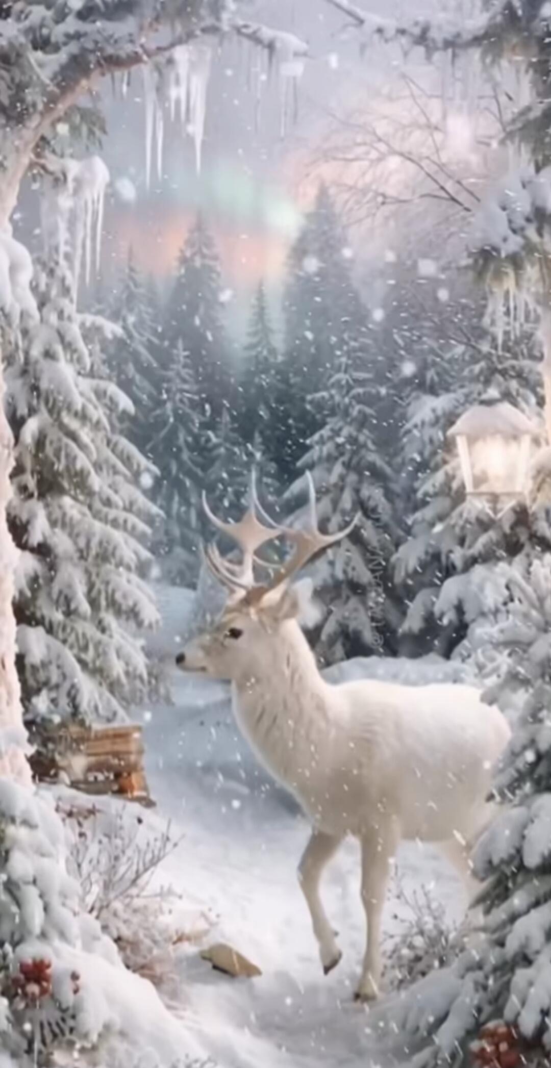A white reindeer standing in a snowy forest with falling snow.