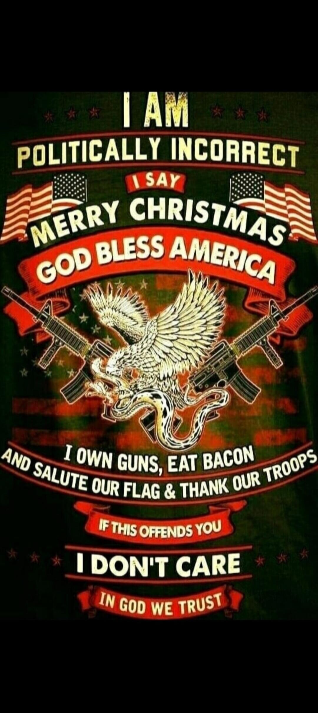 I AM POLITICALLY INCORRECT I SAY MERRY CHRISTMAS GOD BLESS AMERICA I OWN GUNS, EAT BACON AND SALUTE OUR FLAG & THANK OUR TROOPS IF THIS OFFENDS YOU I DON'T CARE IN GOD WE TRUST