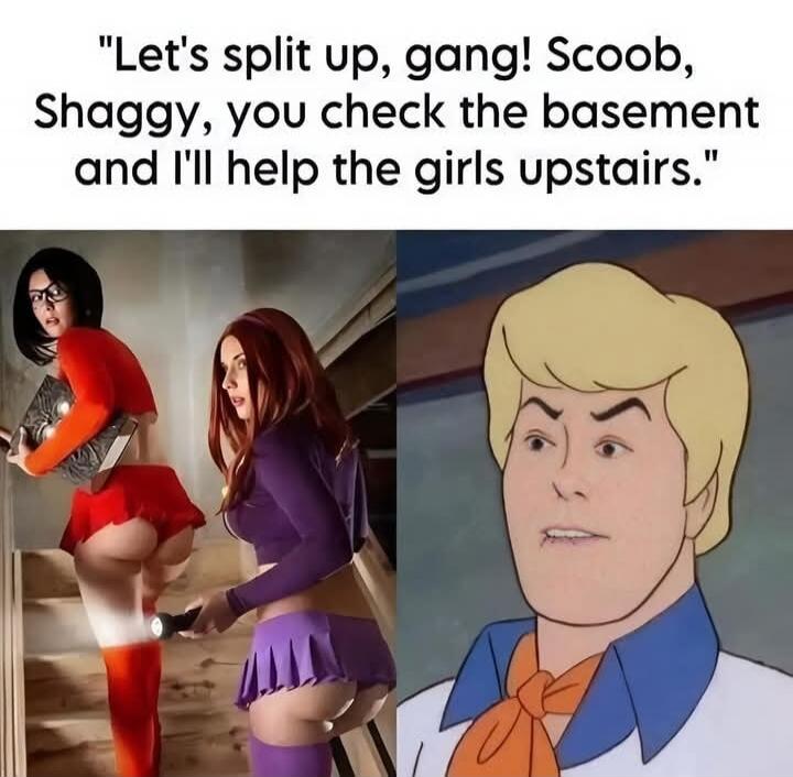 Let's split up, gang! Scoob, Shaggy, you check the basement and I'll help the girls upstairs.
