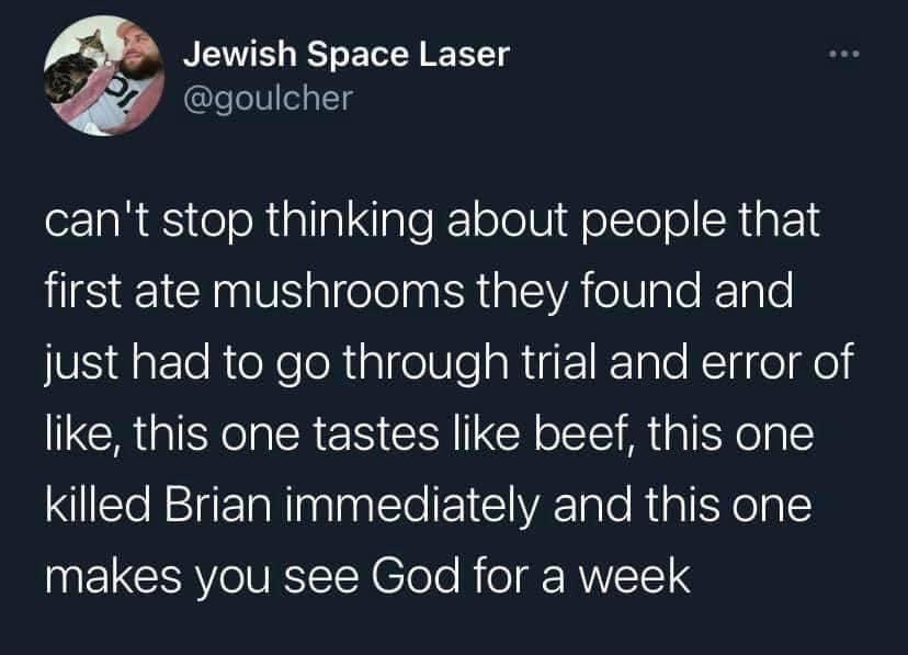 BT Y o oY IR T goulcher cant stop thinking about people that first ate mushrooms they found and just had to go through trial and error of like this one tastes like beef this one killed Brian immediately and this one MELCRYONEST EClolo Mol RVE1E1