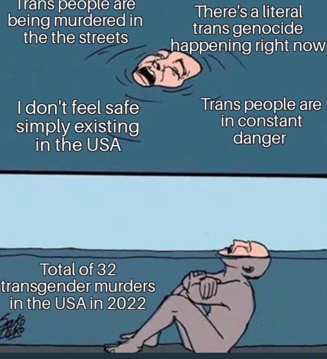 LLECLAISY 04540 SLAC 1 4 being murdered in GEGESICES LLCICSEGCIEN trans genocide happening right now 75 S Y dont feel safe Trans Deoletare Sl ASI ilgle in constan in the USA danger Total of 32 transgender murders inthe USAin 2022