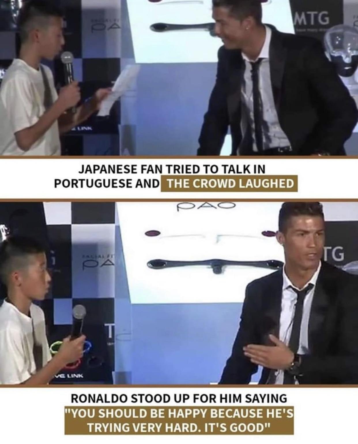 JAPANESE FAN TRIED TO TALK IN PORTUGUESE AND e e o B8 c1 1 50 RONALDO STOOD UP FOR HIM SAYING YOU SHOULD BE HAPPY BECAUSE HES TRYING VERY HARD ITS GOOD