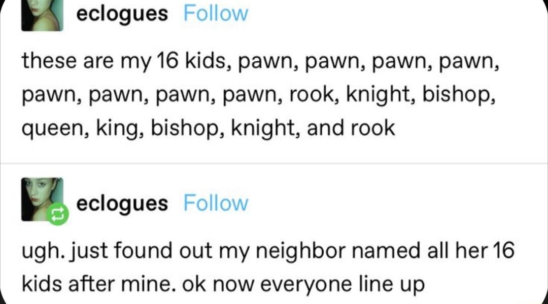 A eclogues Follow these are my 16 kids pawn pawn pawn pawn pawn pawn pawn pawn rook knight bishop queen king bishop knight and rook l eclogues ollow ugh just found out my neighbor named all her 16 3 kids after mine ok now everyone line up
