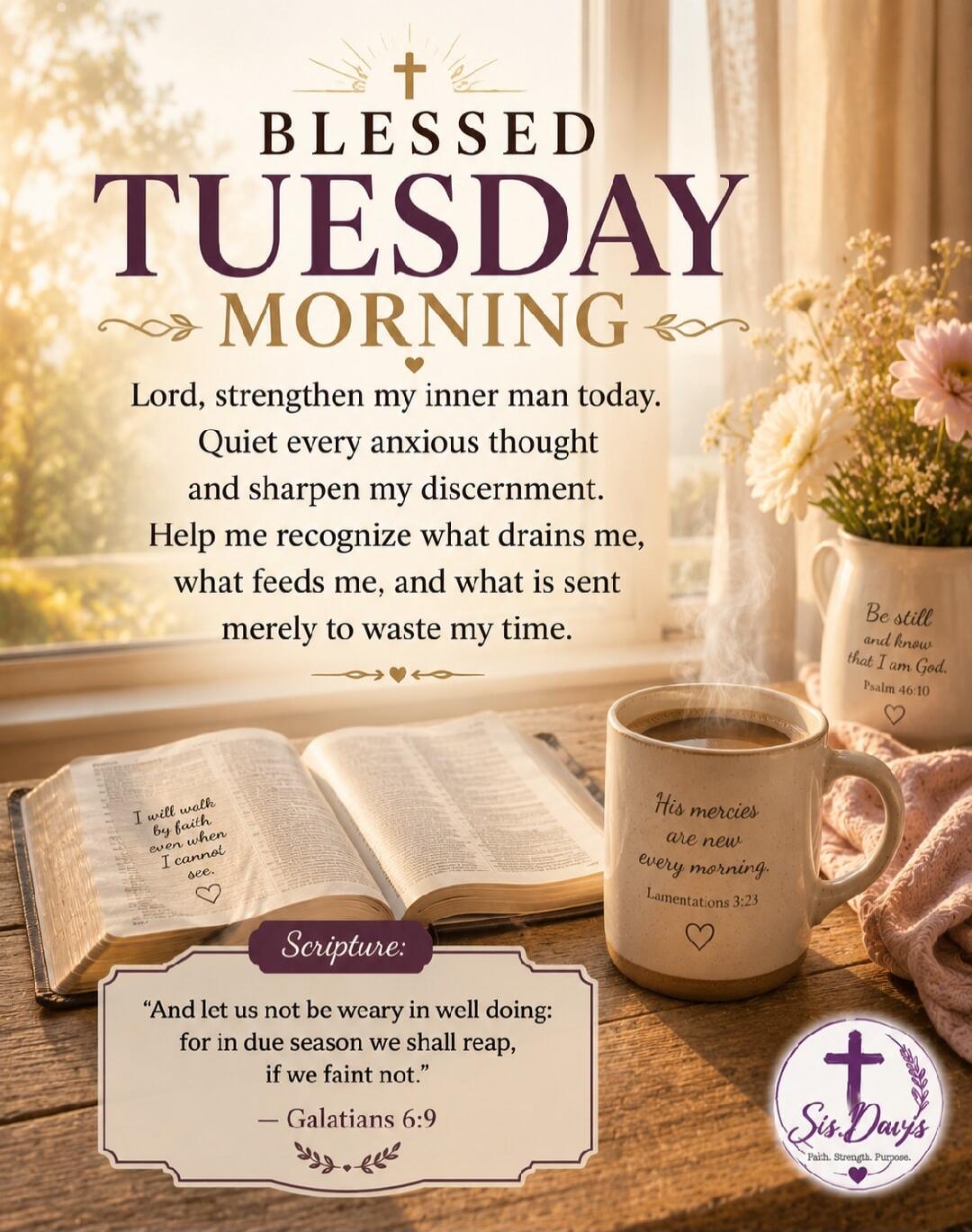 BLESSED TUESDAY MORNING Lord, strengthen my inner man today. Quiet every anxious thought and sharpen my discernment. Help me recognize what drains me, what feeds me, and what is sent merely to waste my time. Scripture: 