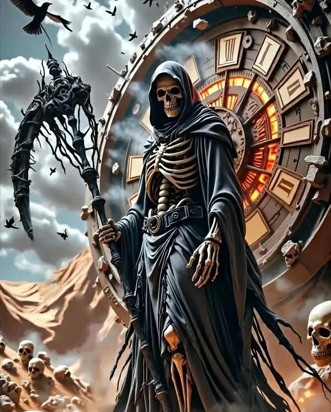 The image shows a skeletal Grim Reaper figure in a dark hooded cloak standing in front of a large, fiery clock. Surrounding skulls and a desolate landscape create a gothic, apocalyptic atmosphere.