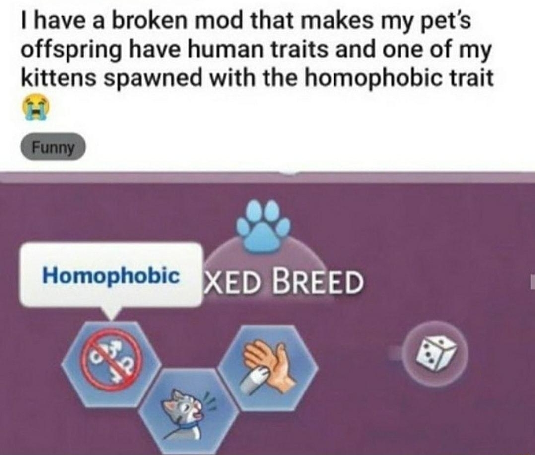 have a broken mod that makes my pets offspring have human traits and one of my kittens spawned with the homophobic trait Funny oo XED BREED