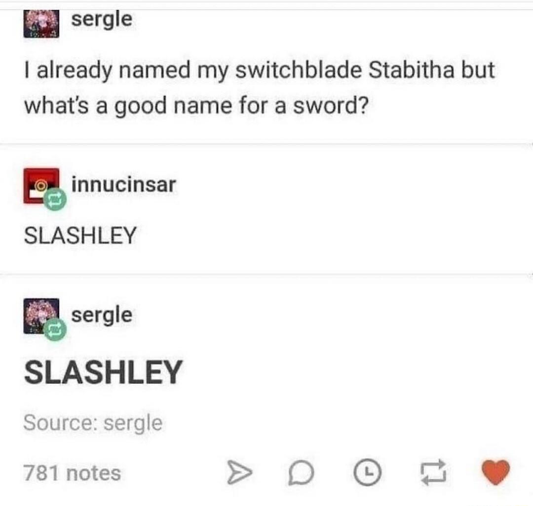 sergle already named my switchblade Stabitha but whats a good name for a sword 5 innucinsar SLASHLEY sergle SLASHLEY Source sergle 781 notes 0 02 e