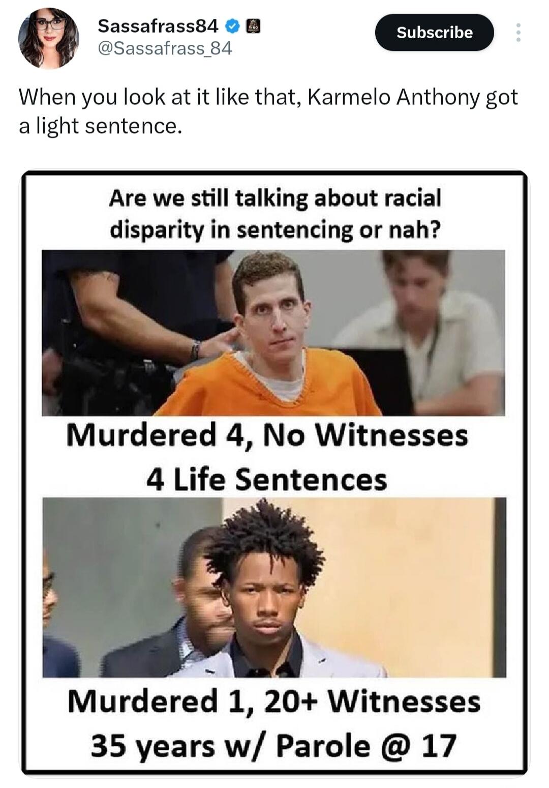 When you look at it like that, Karmelo Anthony got a light sentence. Are we still talking about racial disparity in sentencing or nah? Murdered 4, No Witnesses 4 Life Sentences. Murdered 1, 20+ Witnesses 35 years w/ Parole @ 17