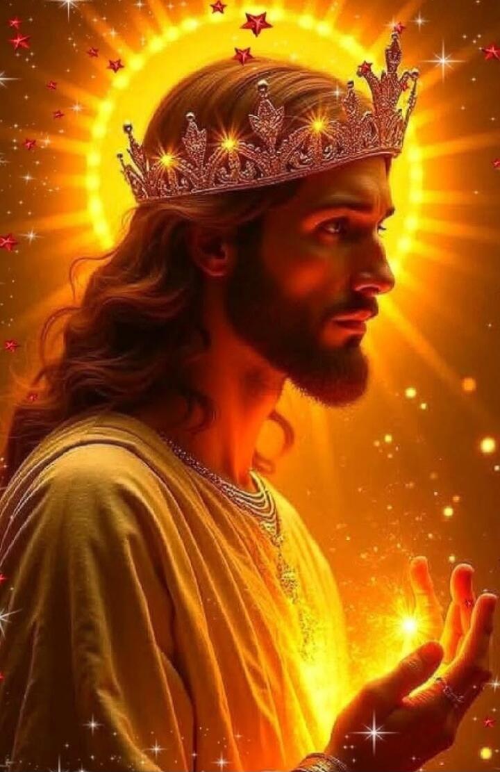 A regal bearded figure wearing a crown, illuminated by a glowing halo.