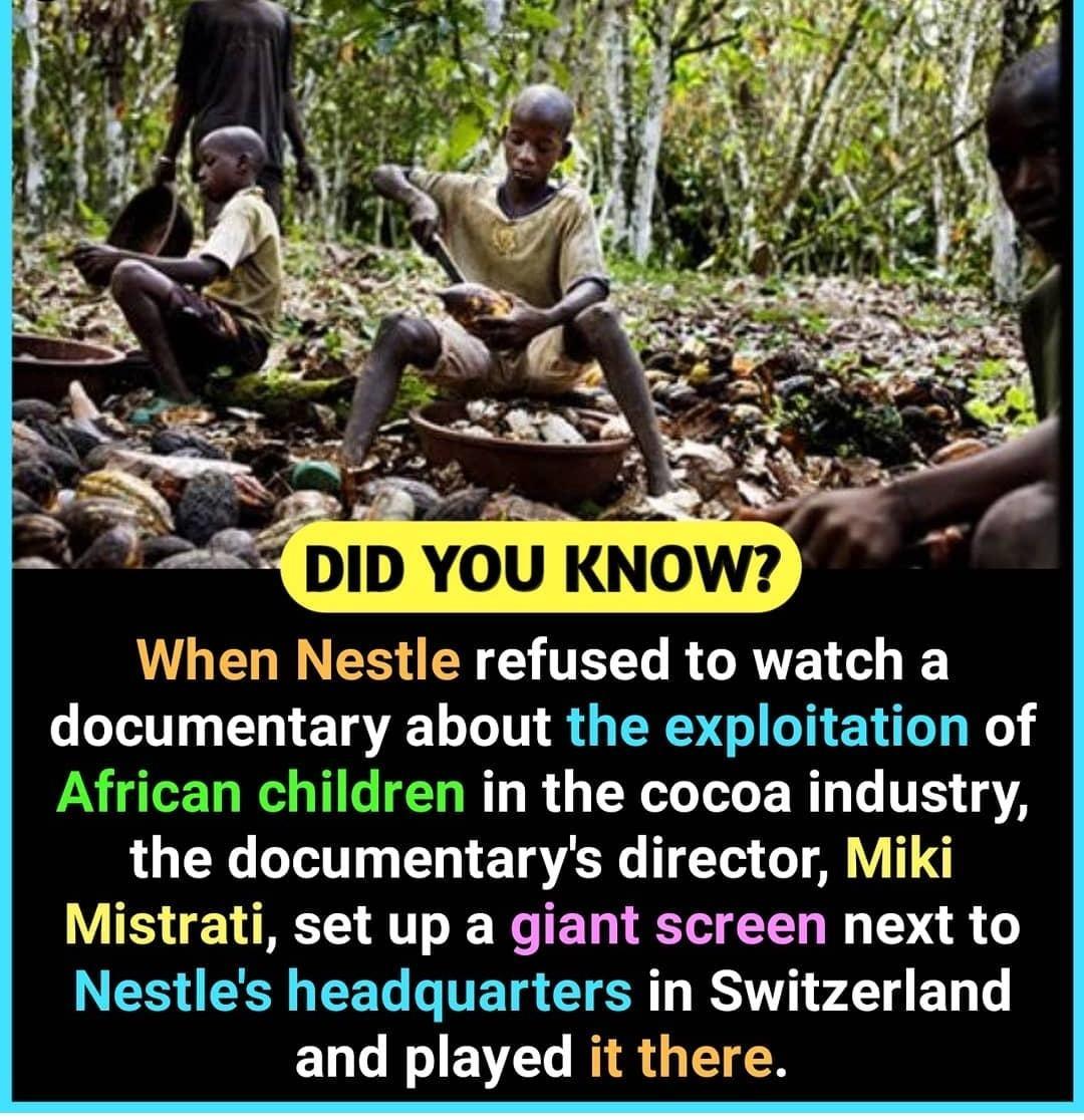 3 K DLWL When Nestle refused to watch a documentary about the exploitation of frican children in the cocoa industry the documentarys director Miki Mistrati set up a giant screen next to Nestles headquarters in Switzerland and played it there