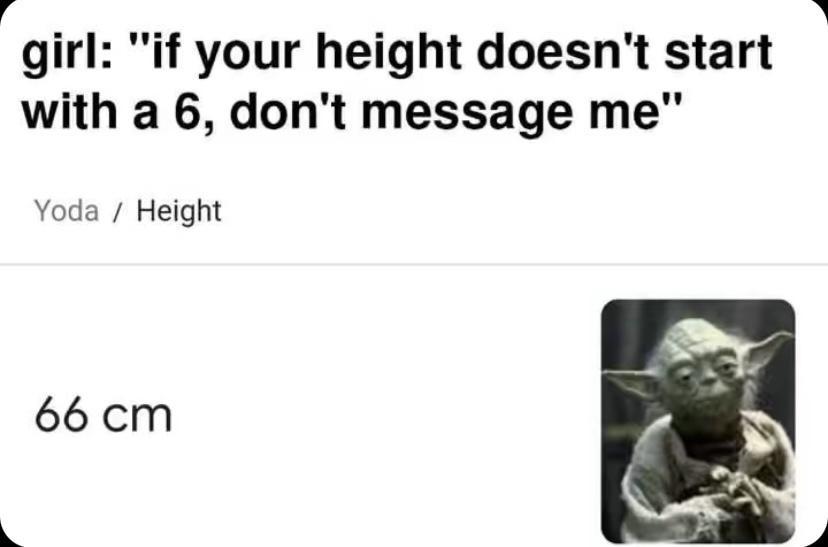 girl if your height doesnt start with a 6 dont message me Yoda Height 66 cm