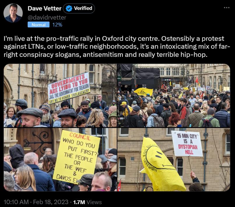 Im live at the pro traffic rally in Oxford city centre Ostensibly a protest against LTNs or low traffic neighborhoods is an intoxicating mix of far it conspiracy slogans antisemitism and really terrible hip hop