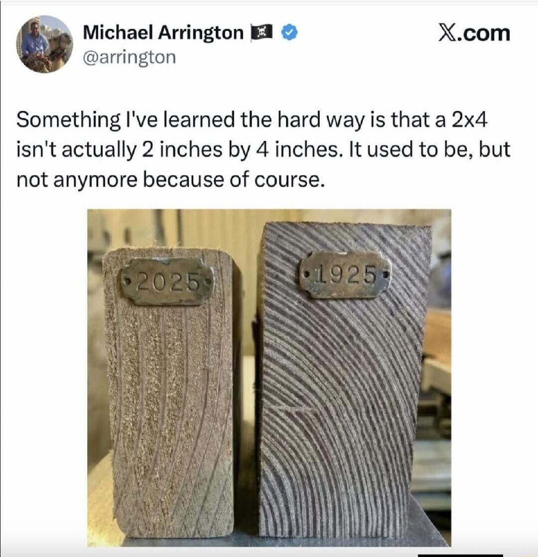 Michael Arrington @arrington X.com Something I've learned the hard way is that a 2x4 isn't actually 2 inches by 4 inches. It used to be, but not anymore because of course. The image shows two pieces of wood, one labeled '2025' and the other '1925', with the older piece appearing larger.