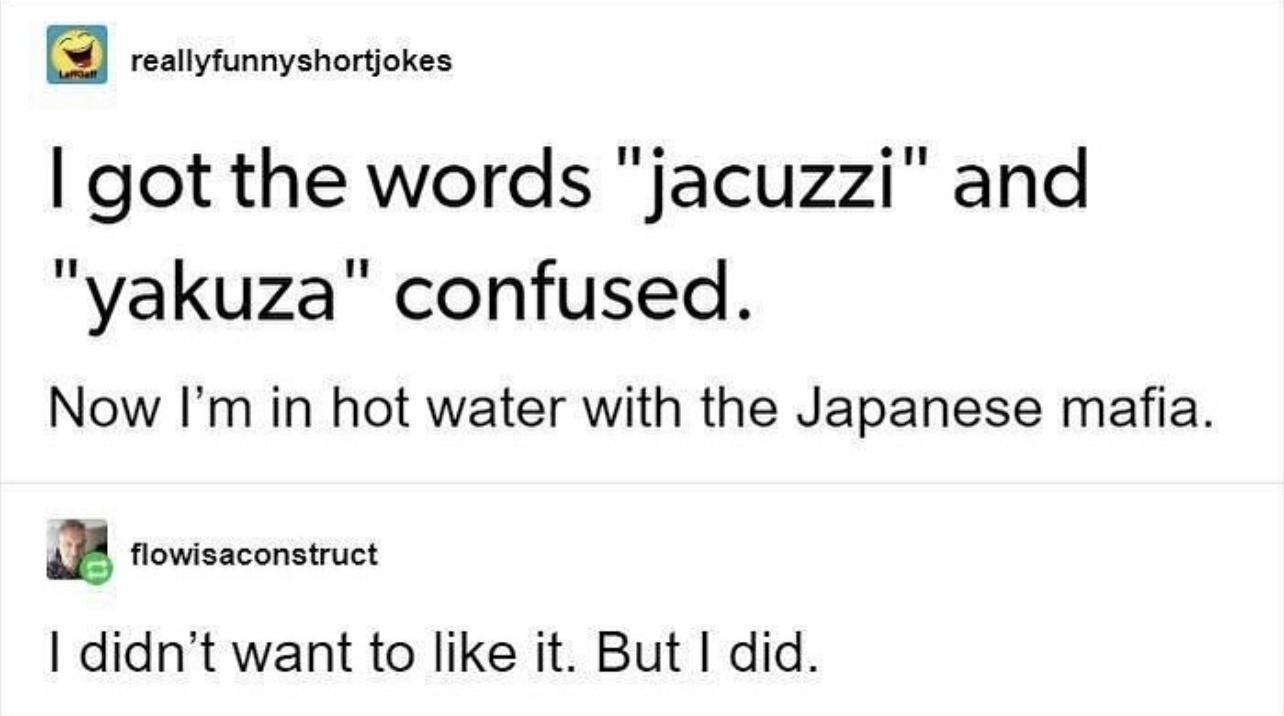 reallyfunnyshortjokes got the words jacuzzi and yakuza confused Now Im in hot water with the Japanese mafia a flowisaconstruct didnt want to like it But did