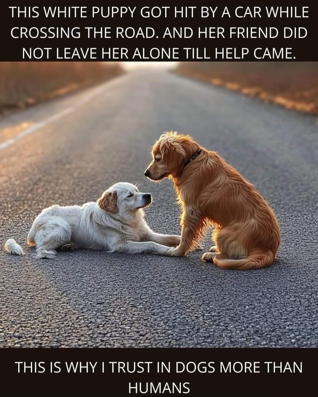THIS WHITE PUPPY GOT HIT BY A CAR WHILE CROSSING THE ROAD. AND HER FRIEND DID NOT LEAVE HER ALONE TILL HELP CAME. THIS IS WHY I TRUST IN DOGS MORE THAN HUMANS