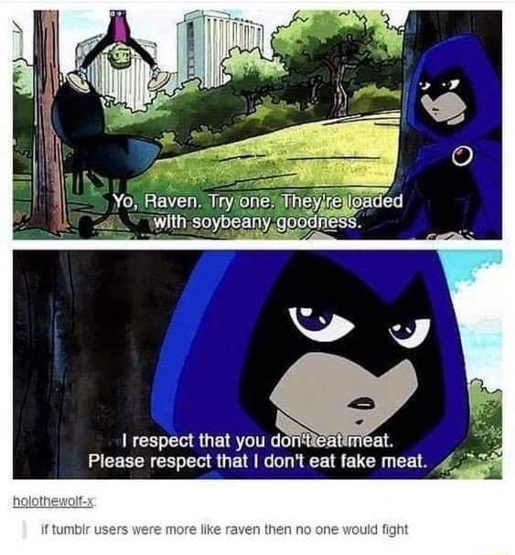 Yo Raven Tryone with soybeany respect that you d atimeat Please respect that dont eat fake meat