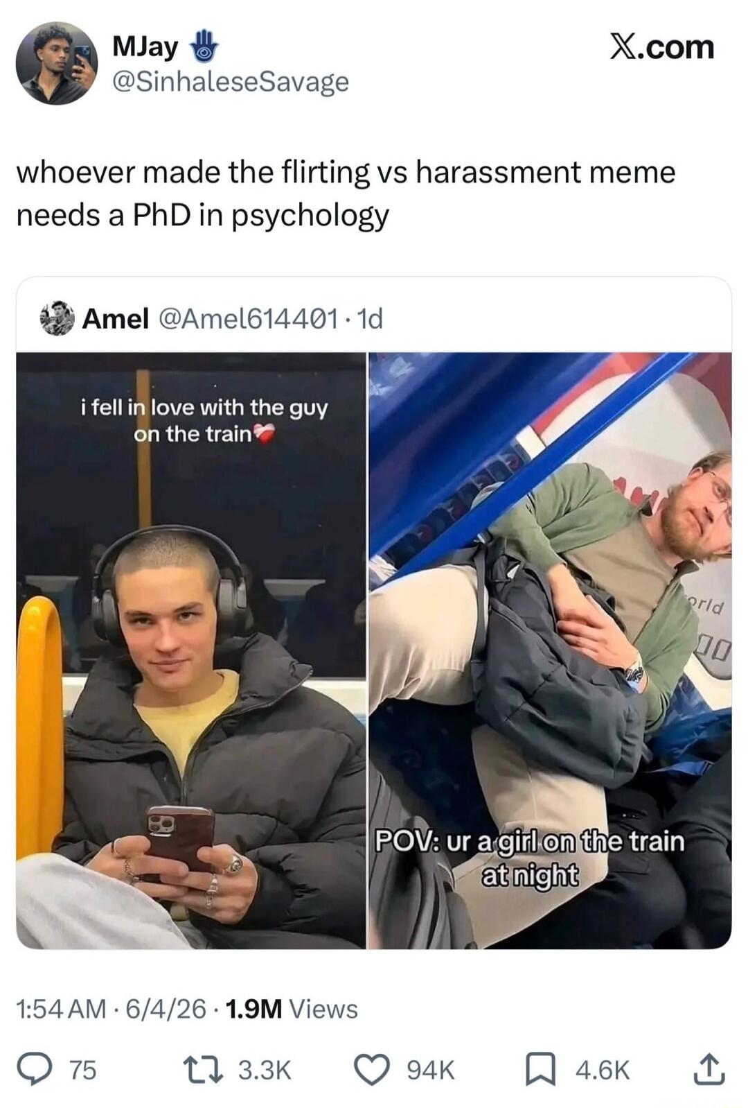 whoever made the flirting vs harassment meme needs a PhD in psychology. I fell in love with the guy on the train ❤️. POV: you're a girl on the train at night.