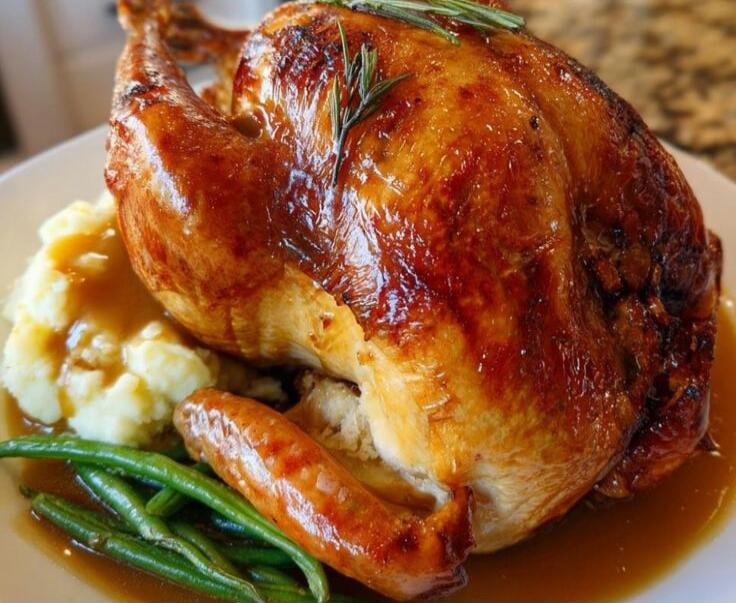 A roast chicken with crispy skin, served with mashed potatoes and green beans, with gravy.