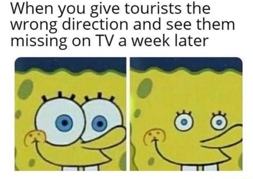 When you give tourists the wrong direction and see them missing on TV a week later